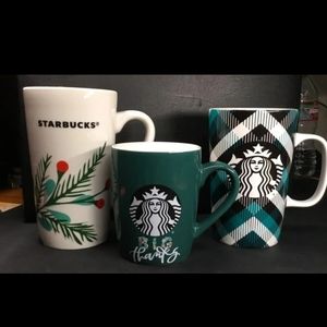 Starbucks Mug lot - 3 Mugs, 16oz and 10oz Green, white, black, festive, plaid